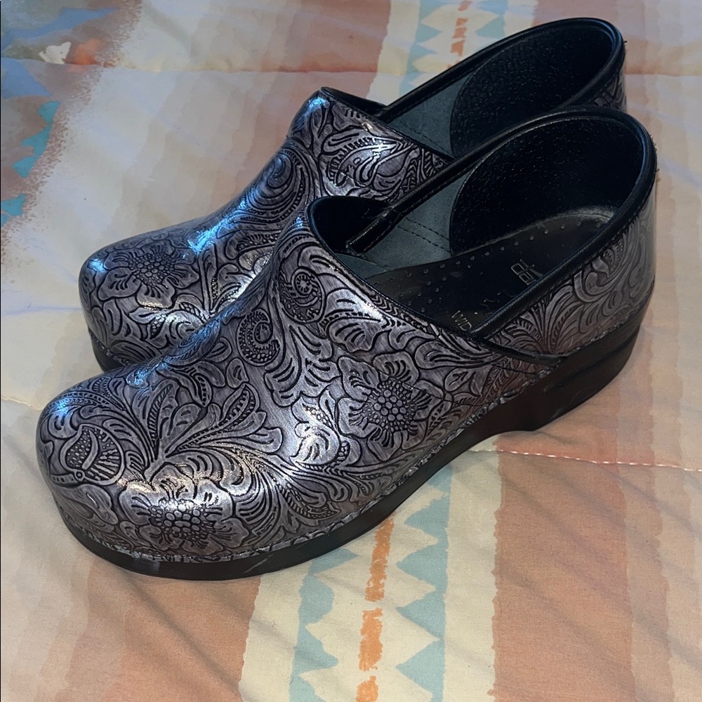 Dansko Black Embossed Paisley Clogs